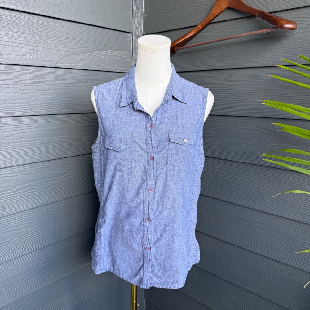 Attention Blue Chambray Sleeveless Button Front Shirt Cotton Large